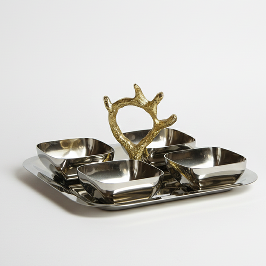 Plateau De Service Apéritif Avec 4 Bols Carrés En Inox
