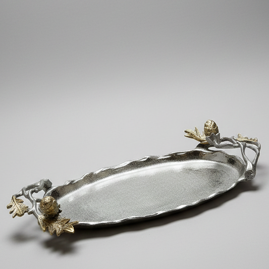 Plat Ovale Argenté Avec Décor Floral Doré