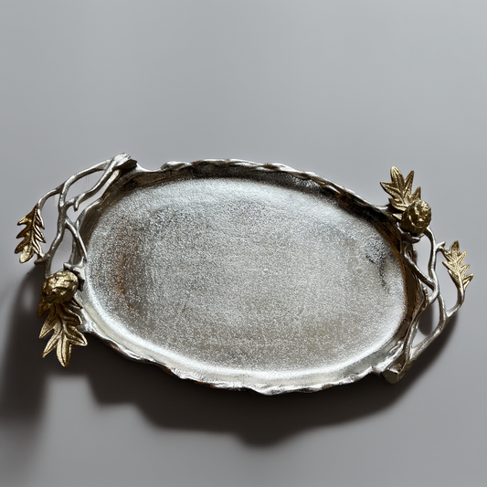 Plat Ovale Argenté Avec Décor Floral Doré